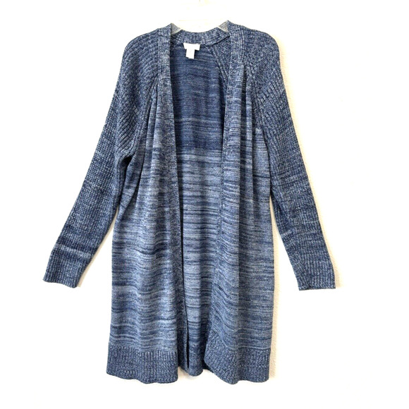 Chicos Blue Metallic Silver Cassia Knit Longer Open Front Cardigan Sz Large (2) - Picture 2 of 4